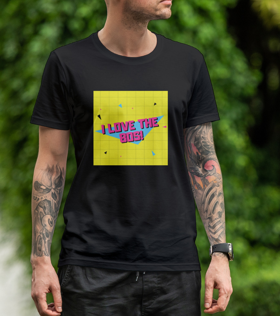 I Love The 80s Yellow Grid With Colorful Geometric Shapes T-Shirt
