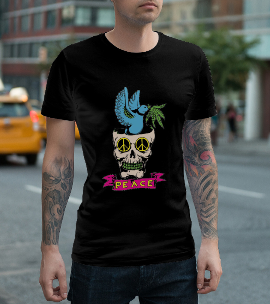 Peace Skull Doves and Leaves Awesome Cool Lover T-Shirt