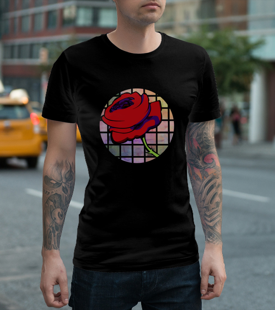 Red Rose on Colorful Grid Background T-Shirt