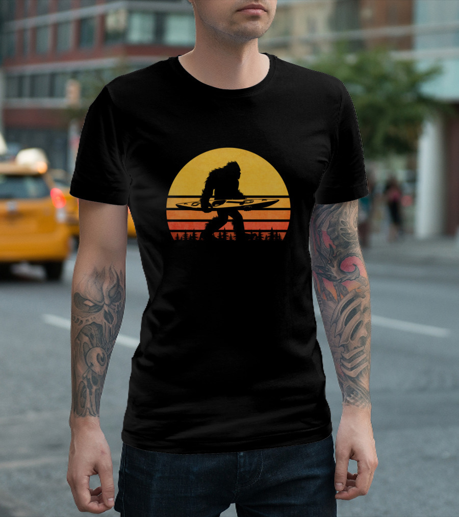 Retro Sasquatch Kayaking Vintage Bigfoot Kayak Sunset Scene T-Shirt