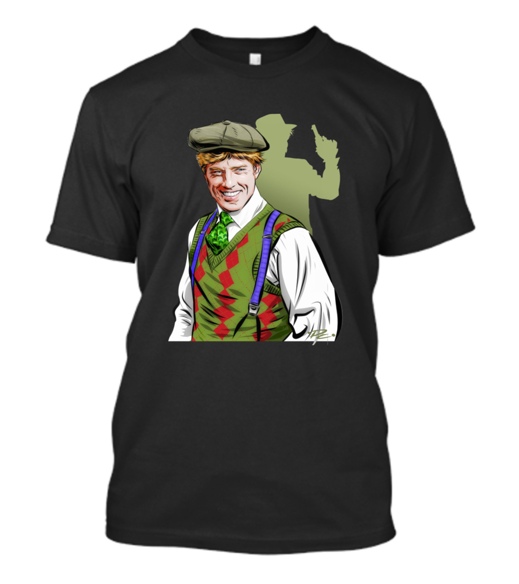 Robert Redford Illustration Paul Cemmick Green Argyle Vest Flat Cap Shadow T-Shirt