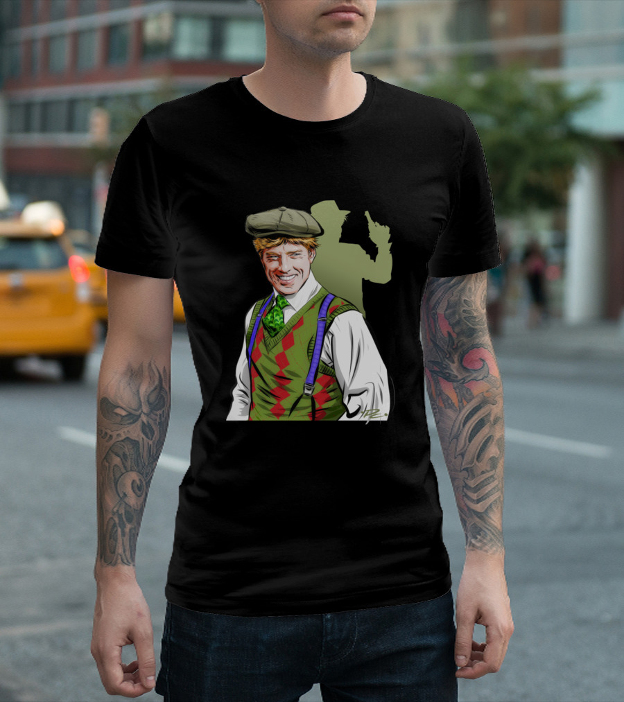 Robert Redford Illustration Paul Cemmick Green Argyle Vest Flat Cap Shadow T-Shirt