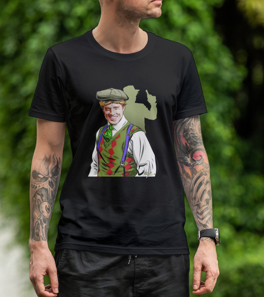 Robert Redford Illustration Paul Cemmick Green Argyle Vest Flat Cap Shadow T-Shirt