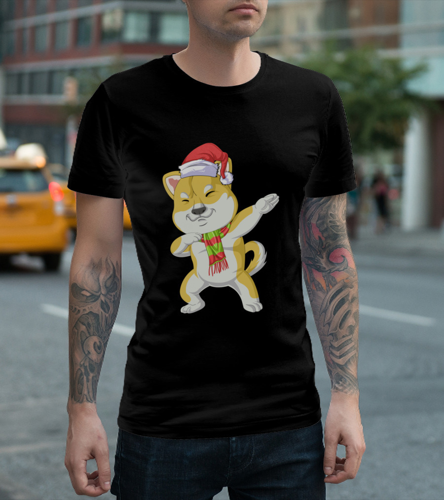Shiba Inu Dabbing Christmas Santa Hat And Scarf T-Shirt