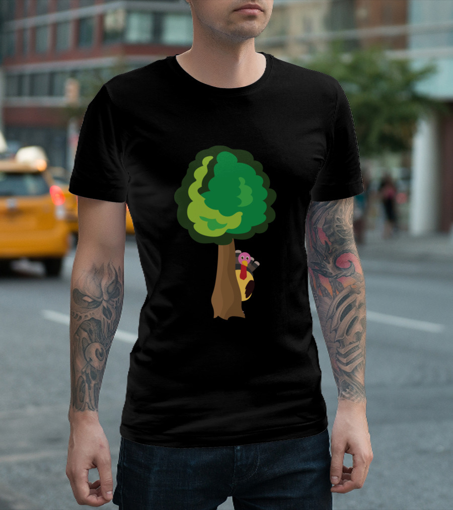 Turkey Peeking Out From Behind Cartoon Tree T-Shirt
