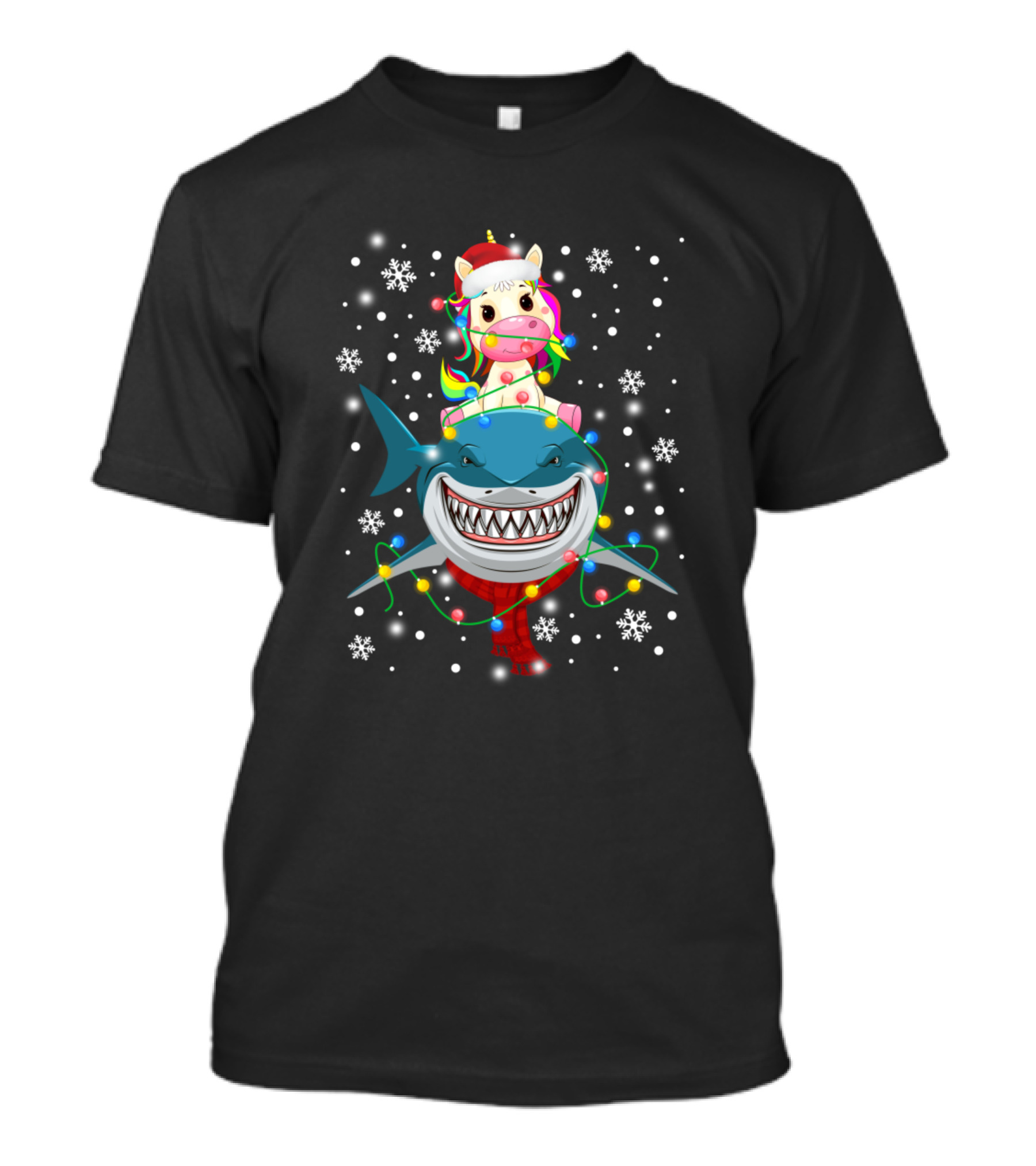 Unicorn Christmas Riding Shark With Lights And Snowflakes T-Shirt