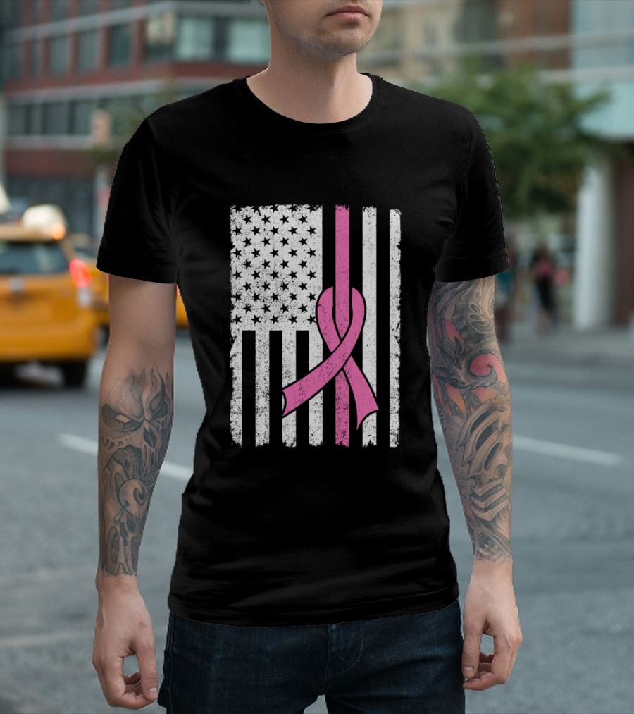 American Flag with Pink Breast Cancer Awareness T-Shirt