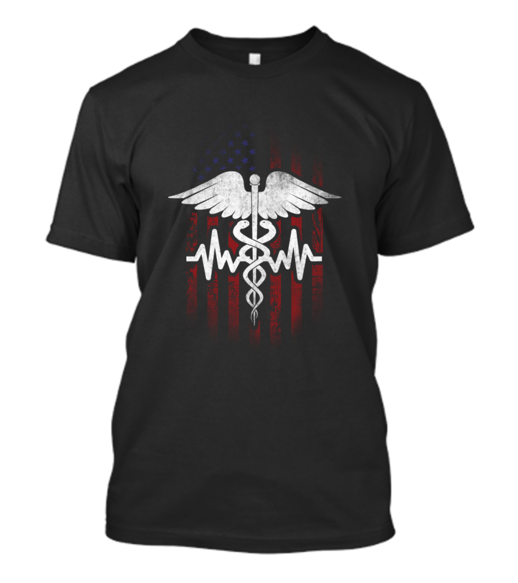 American Nurse Caduceus With Heartbeat Over Flag T-Shirt