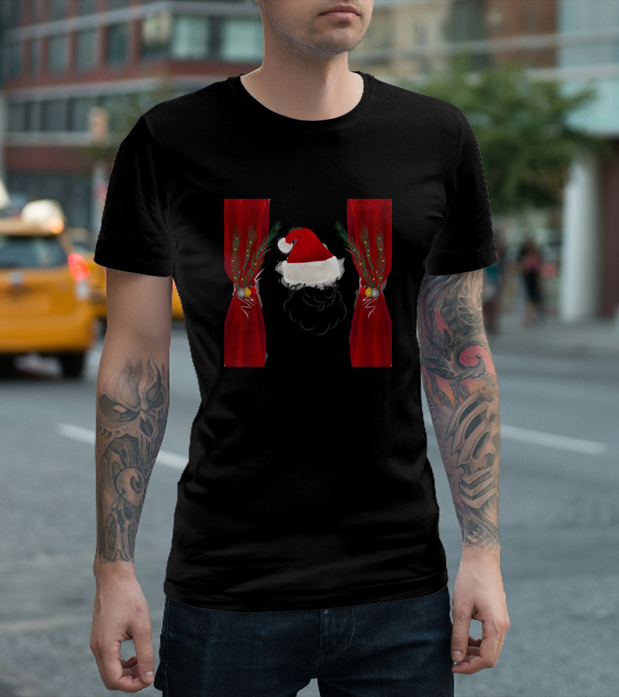 Christmas Present Season Santa Hat And Red Curtains T-Shirt