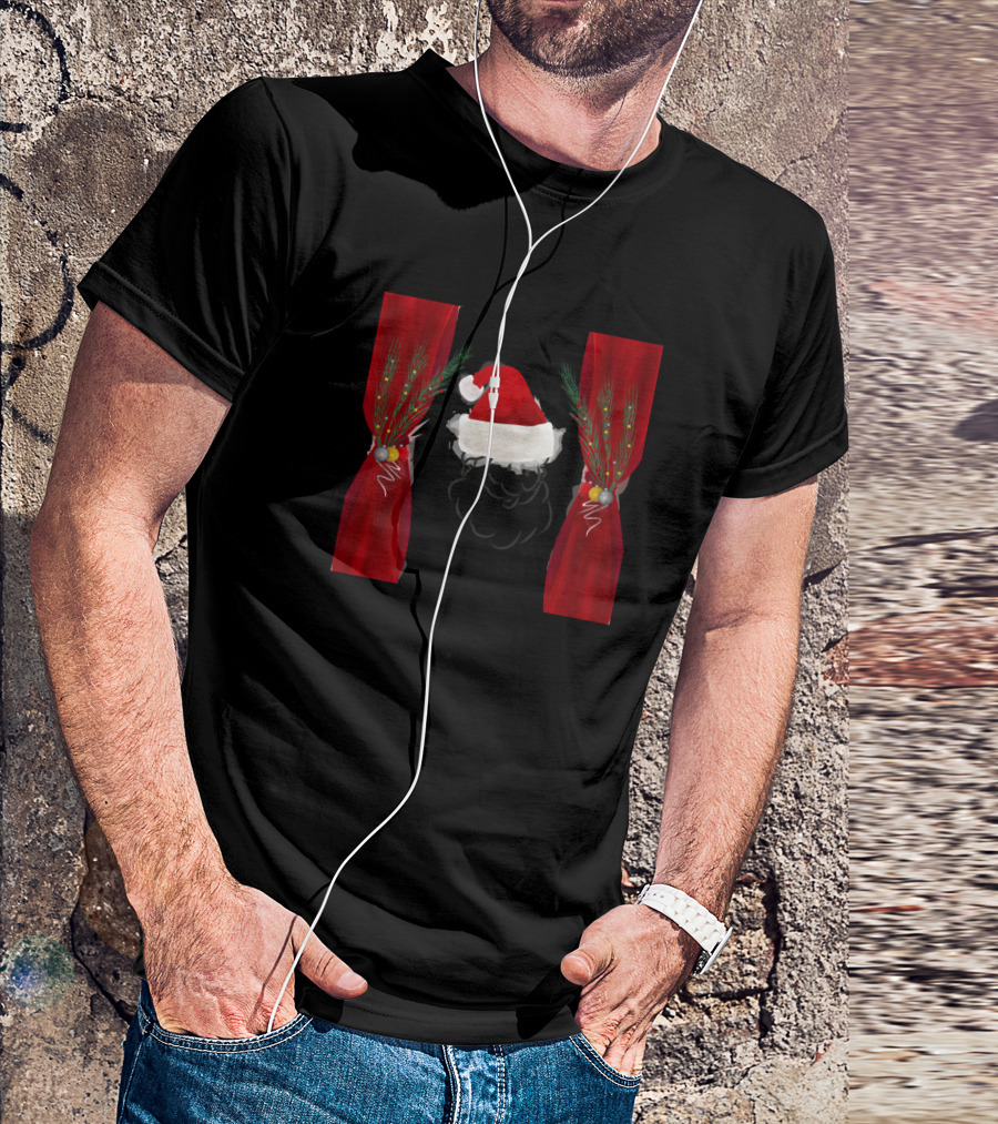 Christmas Present Season Santa Hat And Red Curtains T-Shirt