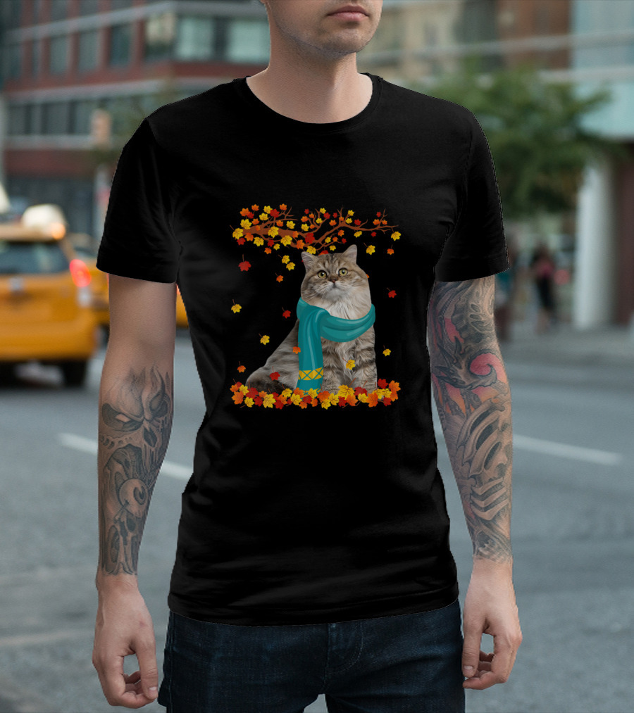 British Longhair Cat with Blue Scarf Among Autumn Leaves Thanksgiving Mood T-Shirt