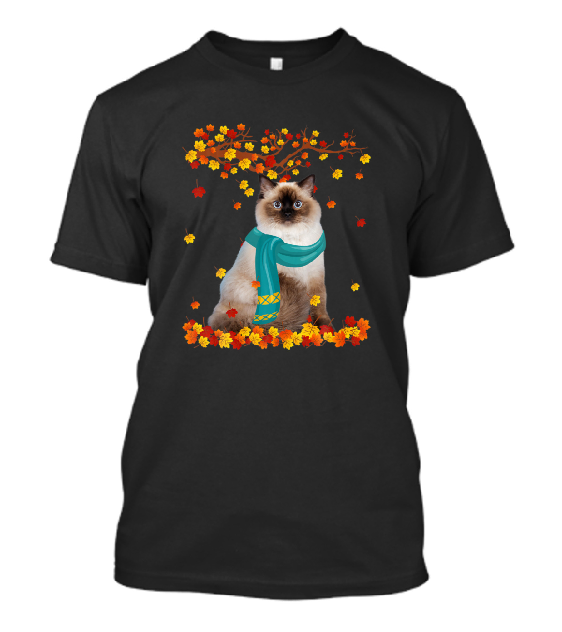 Thanksgiving Autumn Cat Lover Ragdoll With Scarf And Fall Leaves T-Shirt