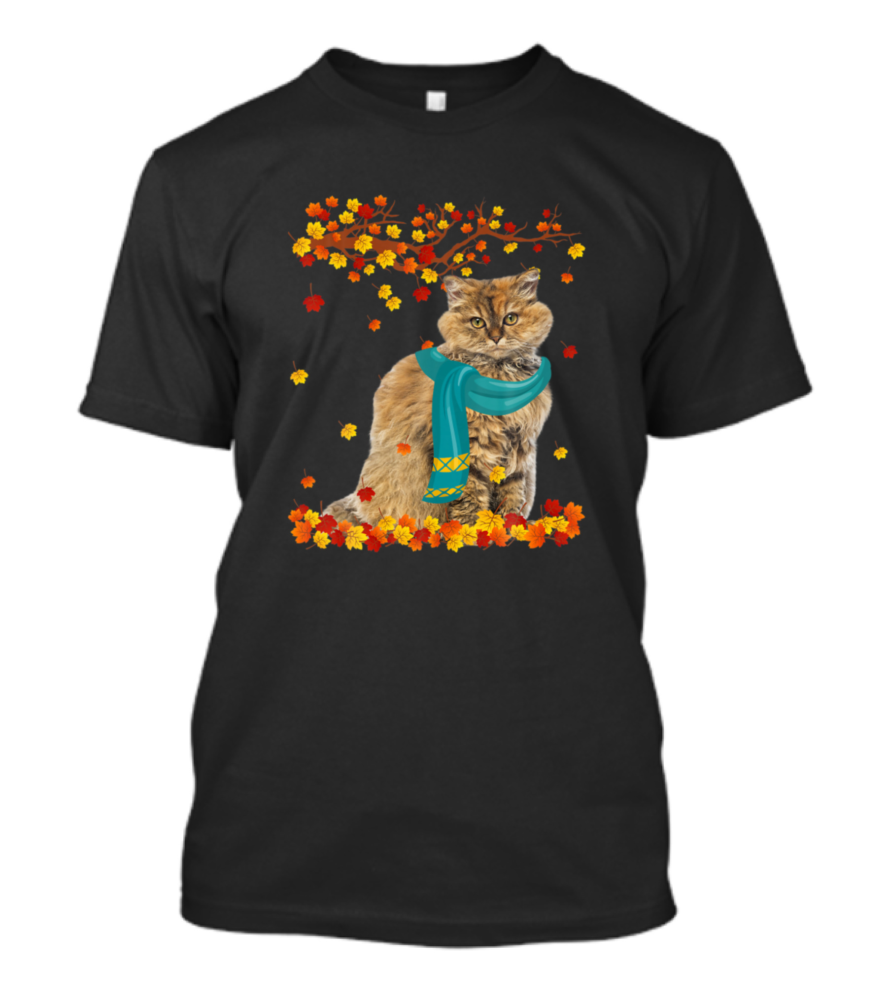 Selkirk Rex Cat In Autumn Leaves With Teal Scarf Thanksgiving Lover T-Shirt