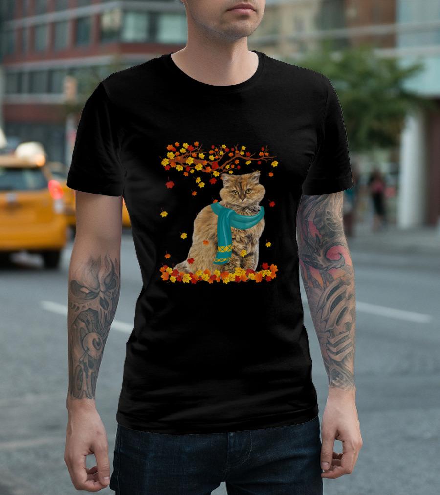 Selkirk Rex Cat In Autumn Leaves With Teal Scarf Thanksgiving Lover T-Shirt