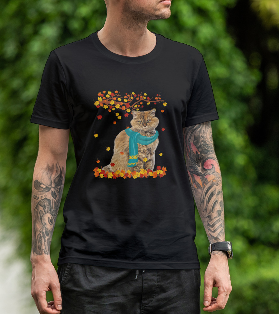 Selkirk Rex Cat In Autumn Leaves With Teal Scarf Thanksgiving Lover T-Shirt