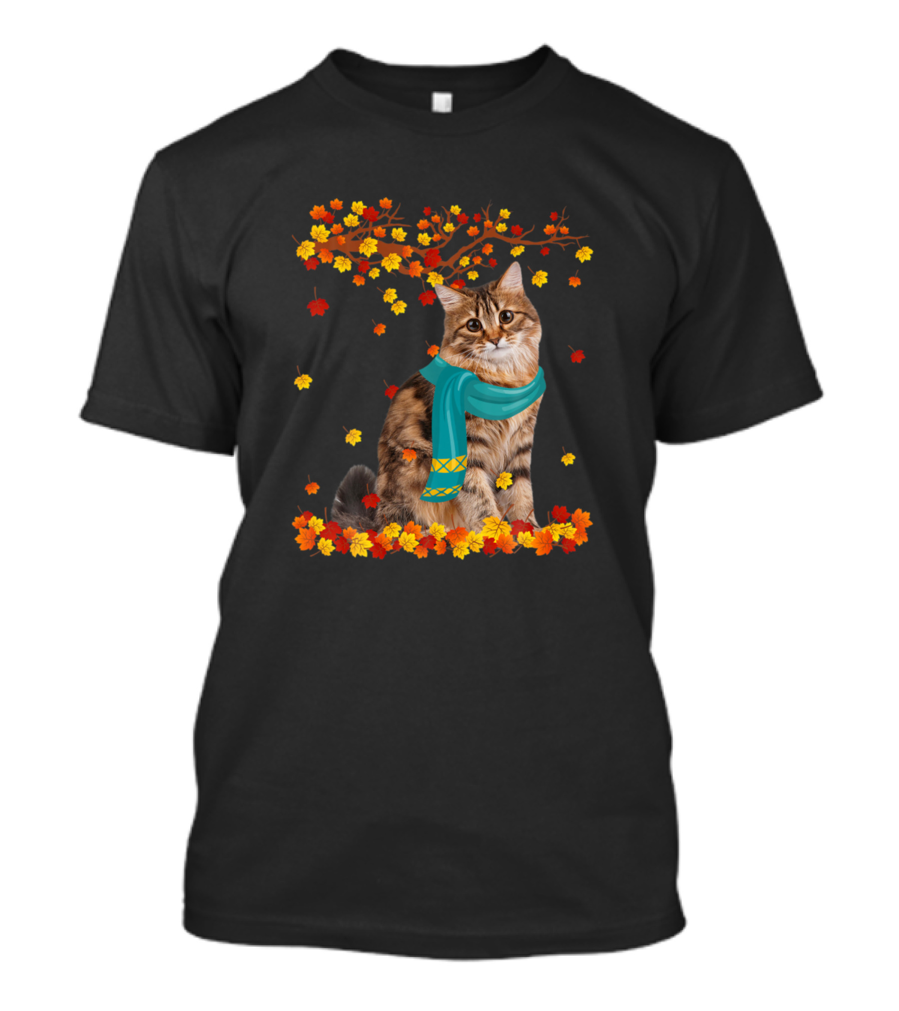 Siberian Cat With Blue Scarf Amidst Autumn Leaves Thanksgiving Vibe T-Shirt