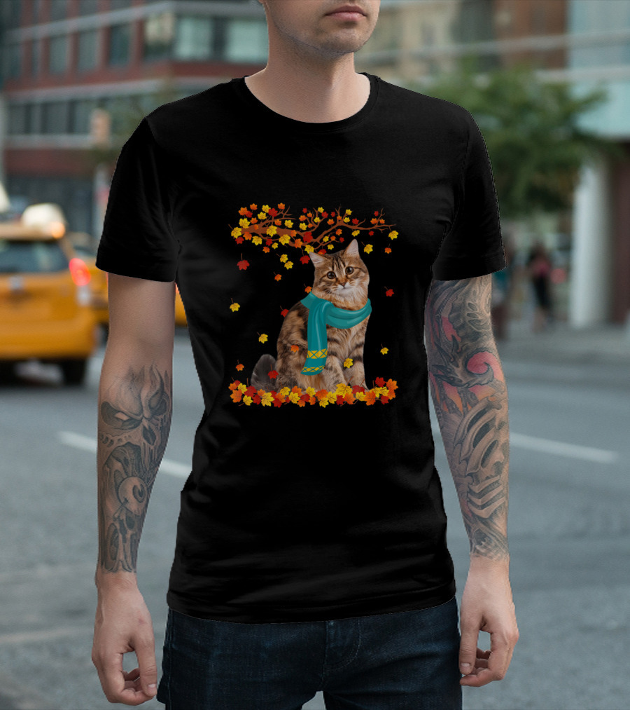 Siberian Cat With Blue Scarf Amidst Autumn Leaves Thanksgiving Vibe T-Shirt