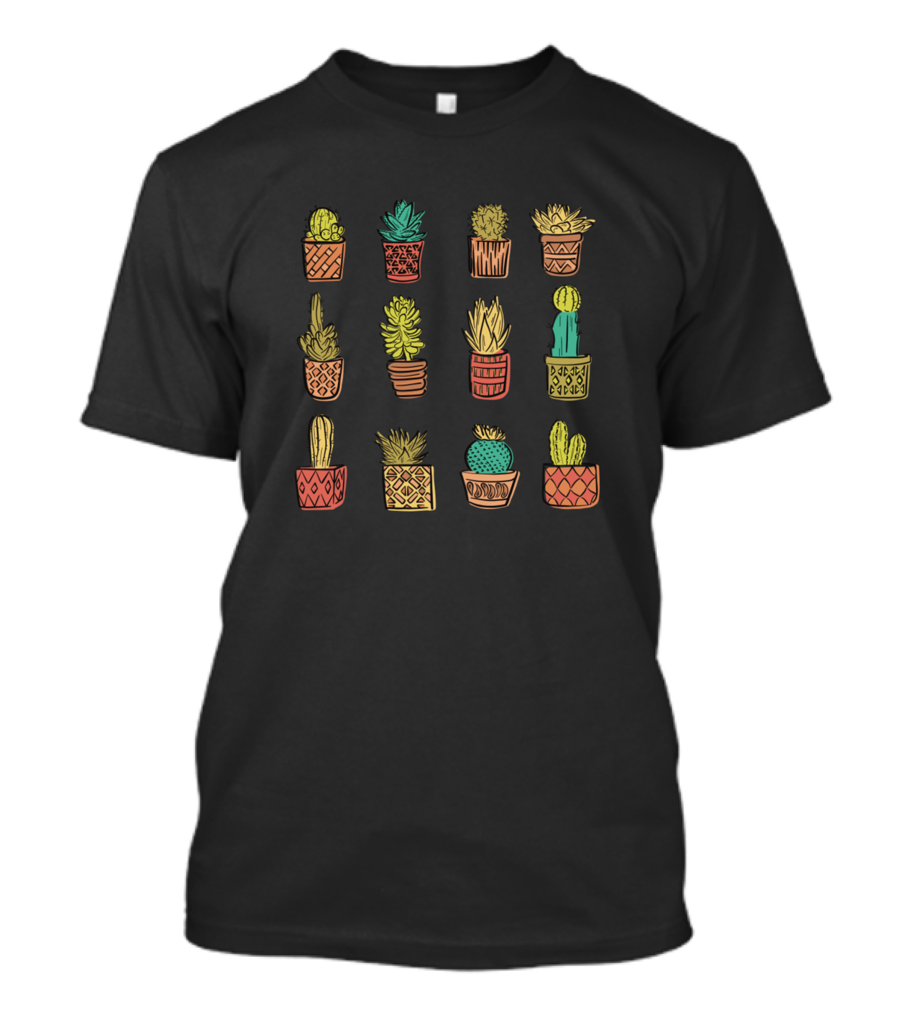 Green Orange Succulents Cactus Doodle T-Shirt