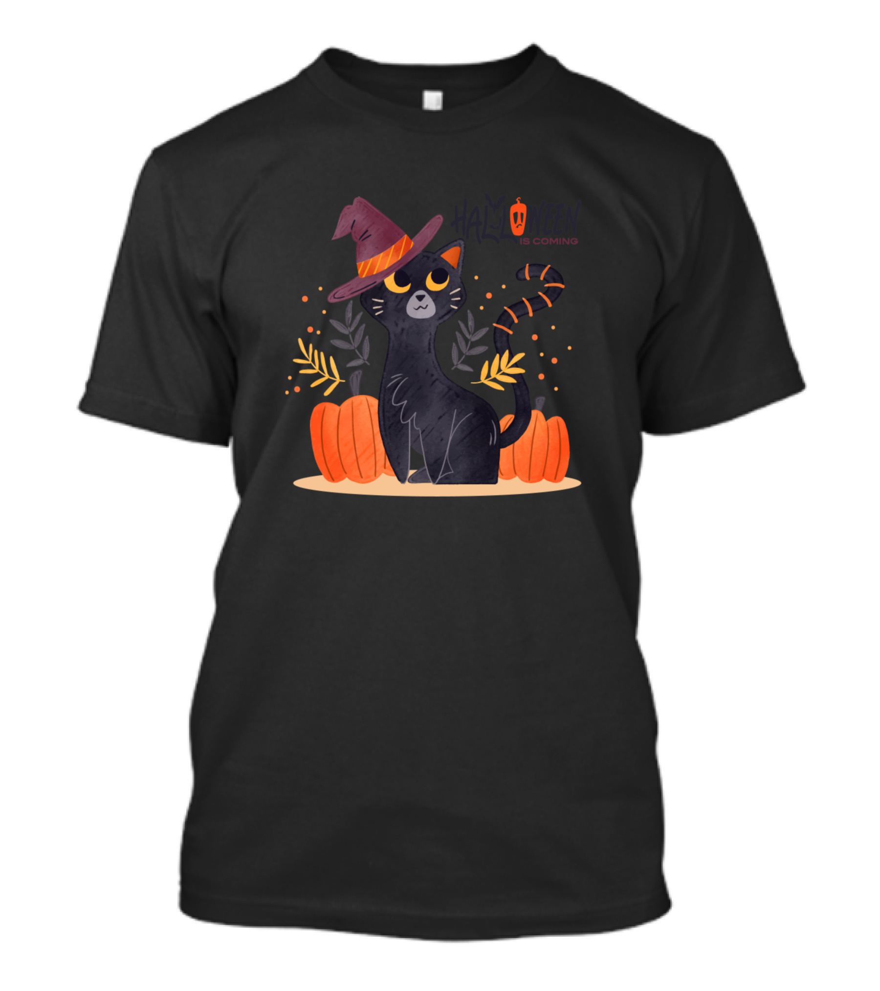 Halloween Is Coming Black Cat With Witch Hat And Pumpkins T-Shirt
