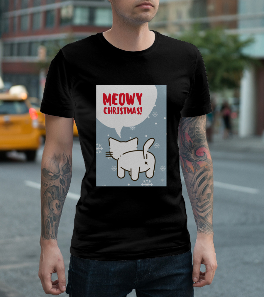 Meowy Christmas Cat With Snowflakes T-Shirt