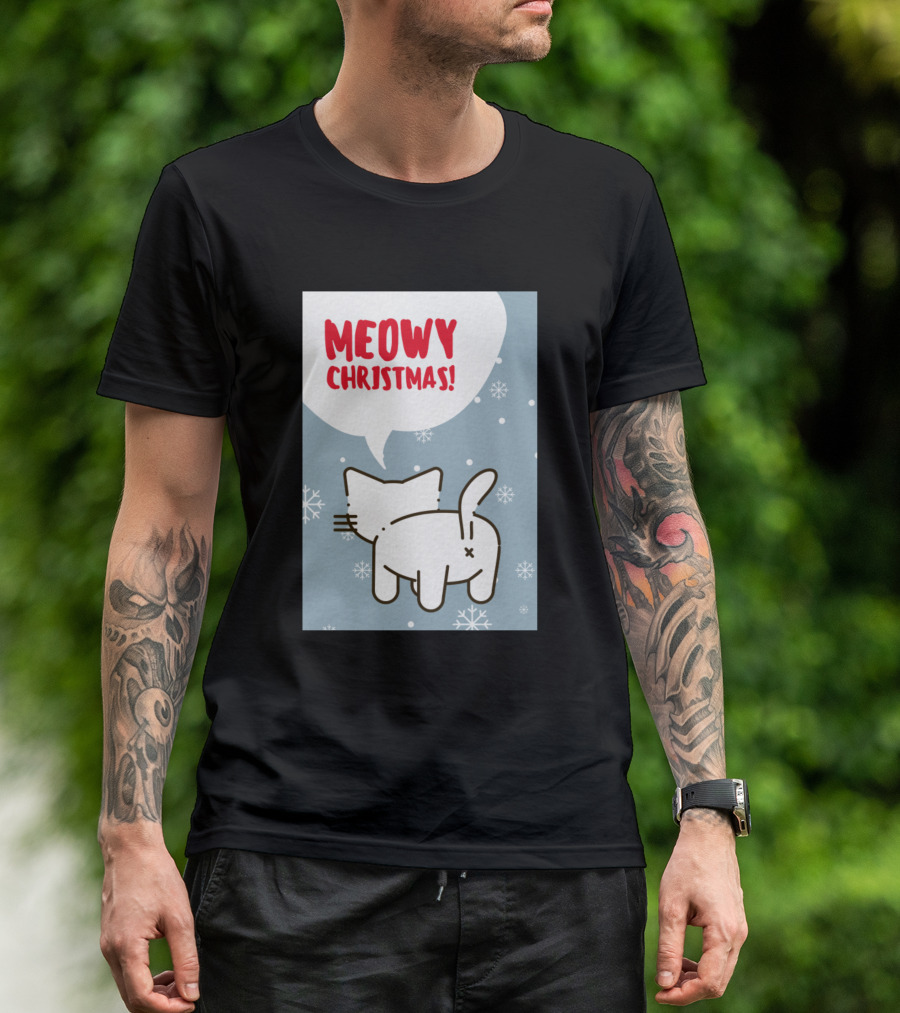 Meowy Christmas Cat With Snowflakes T-Shirt