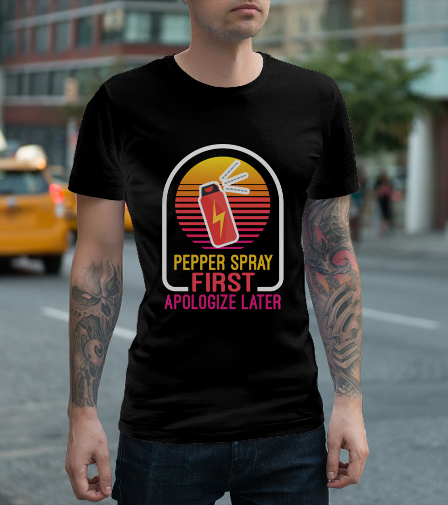 Pepper Spray First Apologize Later Retro Style Murderino Crime T-Shirt