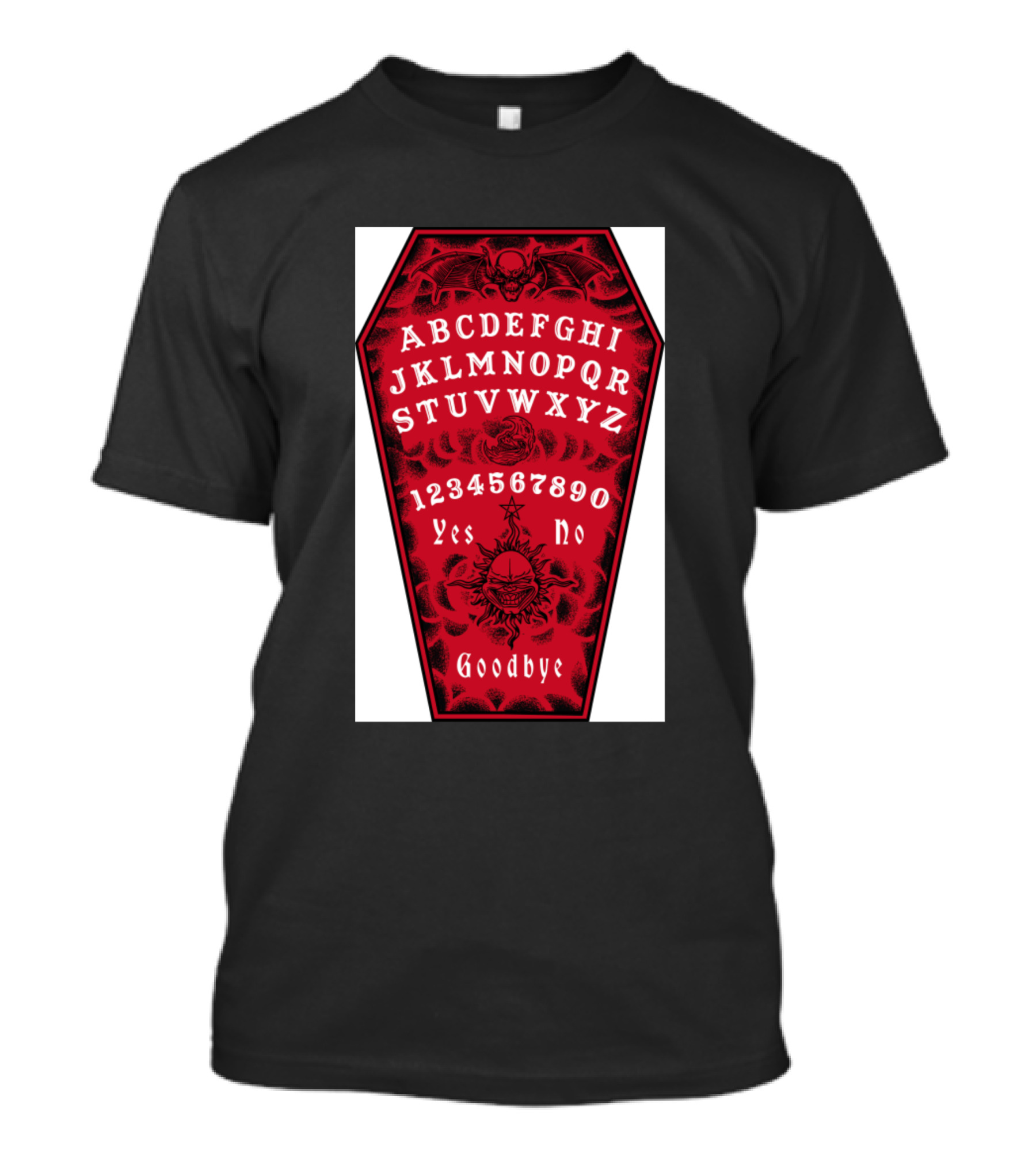 Red Coffin Shaped Spirit Board With Alphabet, Demon Bat, And Skull Tattoo Creatures T-Shirt
