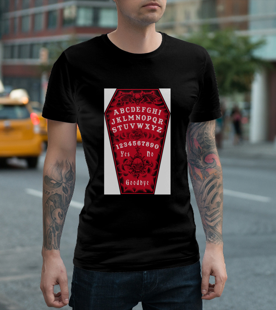 Red Coffin Shaped Spirit Board With Alphabet, Demon Bat, And Skull Tattoo Creatures T-Shirt