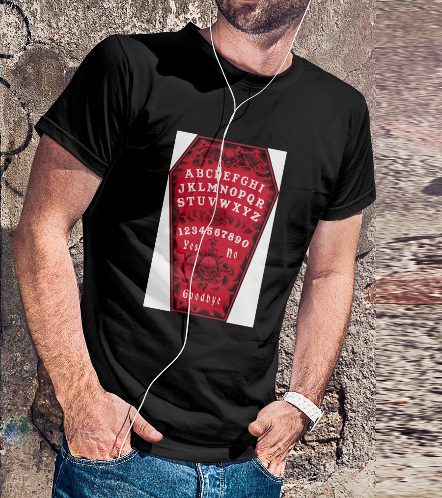 Red Coffin Shaped Spirit Board With Alphabet, Demon Bat, And Skull Tattoo Creatures T-Shirt