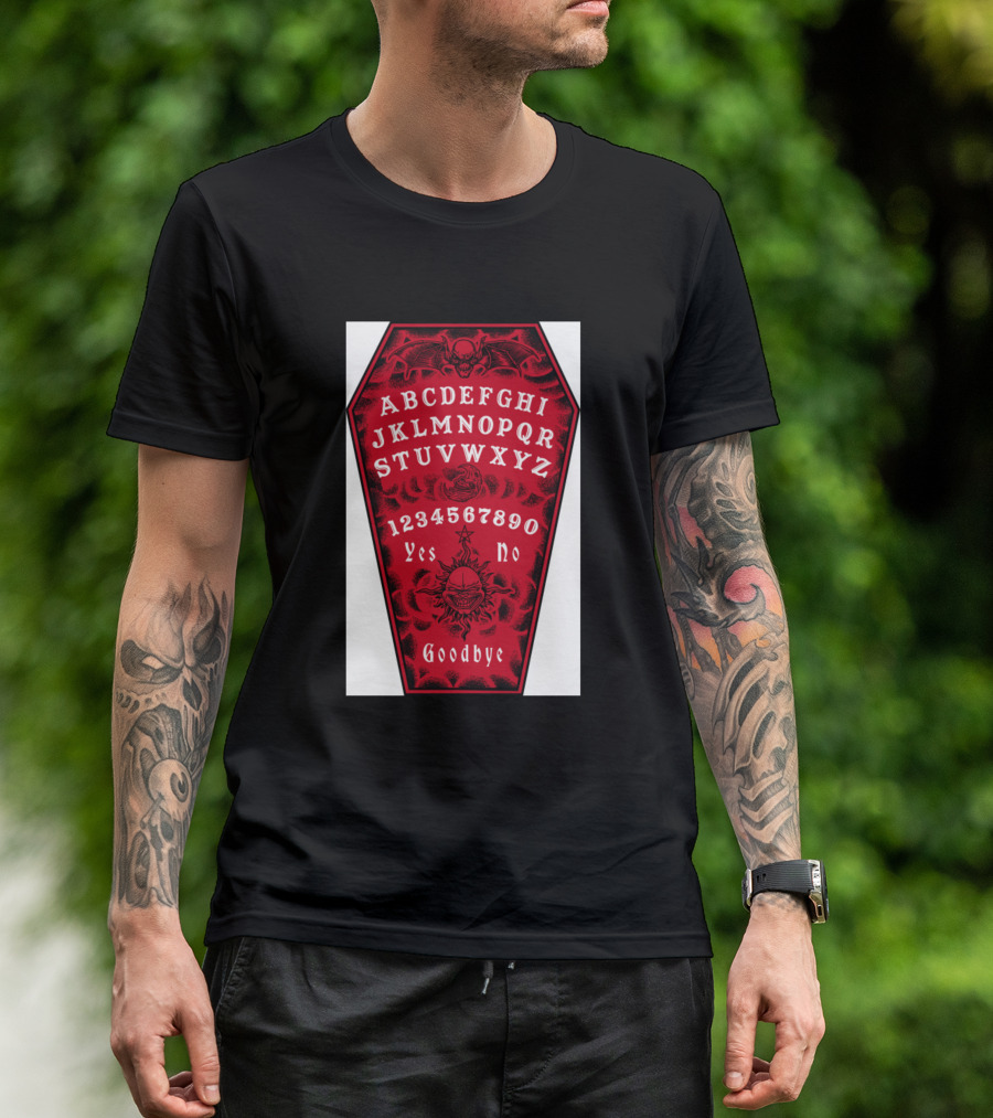 Red Coffin Shaped Spirit Board With Alphabet, Demon Bat, And Skull Tattoo Creatures T-Shirt