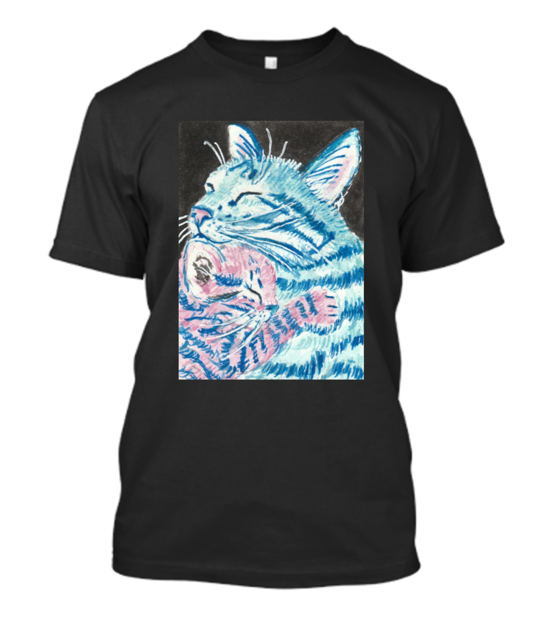 Tabby Cat Mother Embrace Kitten Duo In Blue And Pink T-Shirt