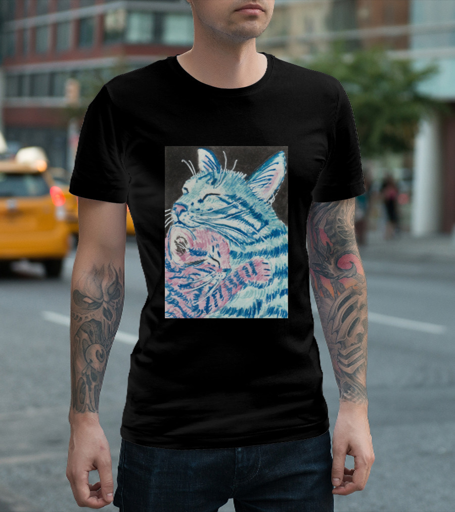 Tabby Cat Mother Embrace Kitten Duo In Blue And Pink T-Shirt