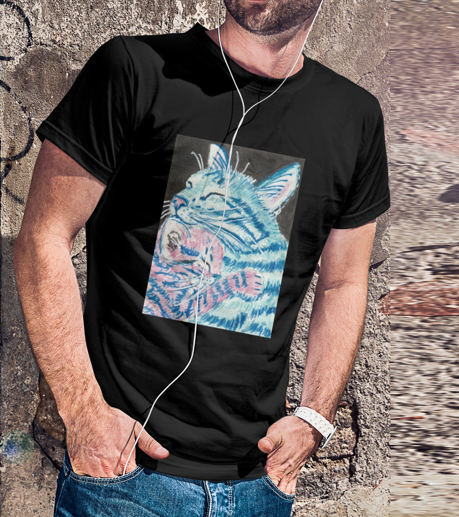 Tabby Cat Mother Embrace Kitten Duo In Blue And Pink T-Shirt