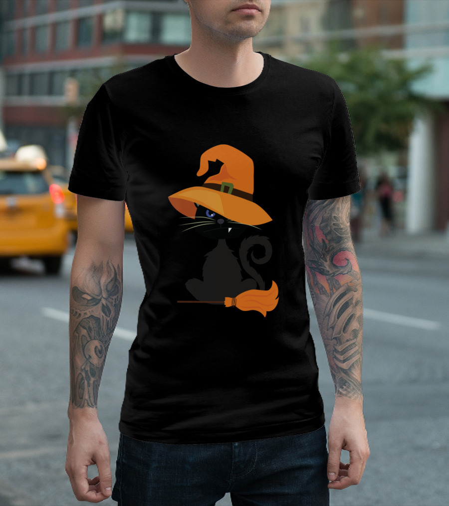 The Witch Cat with Orange Hat and Broom Iconic Halloween T-Shirt