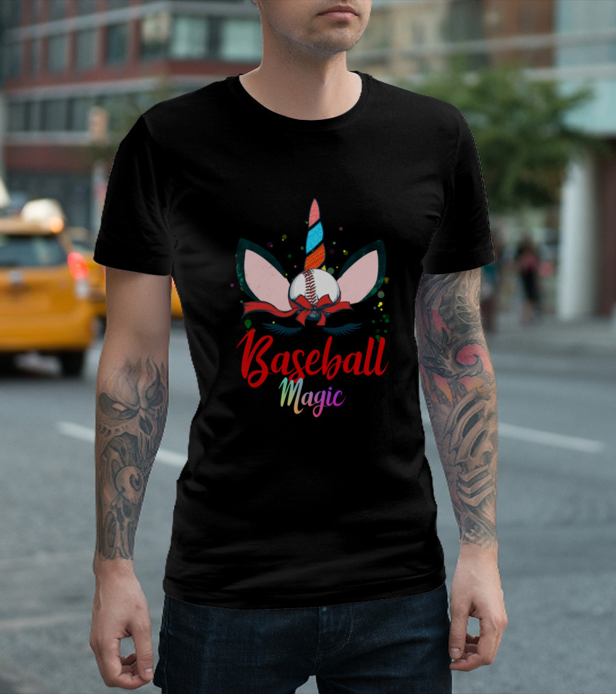 Baseball Magic Unicorn Horn Ears Bow Rainbow Colors T-Shirt