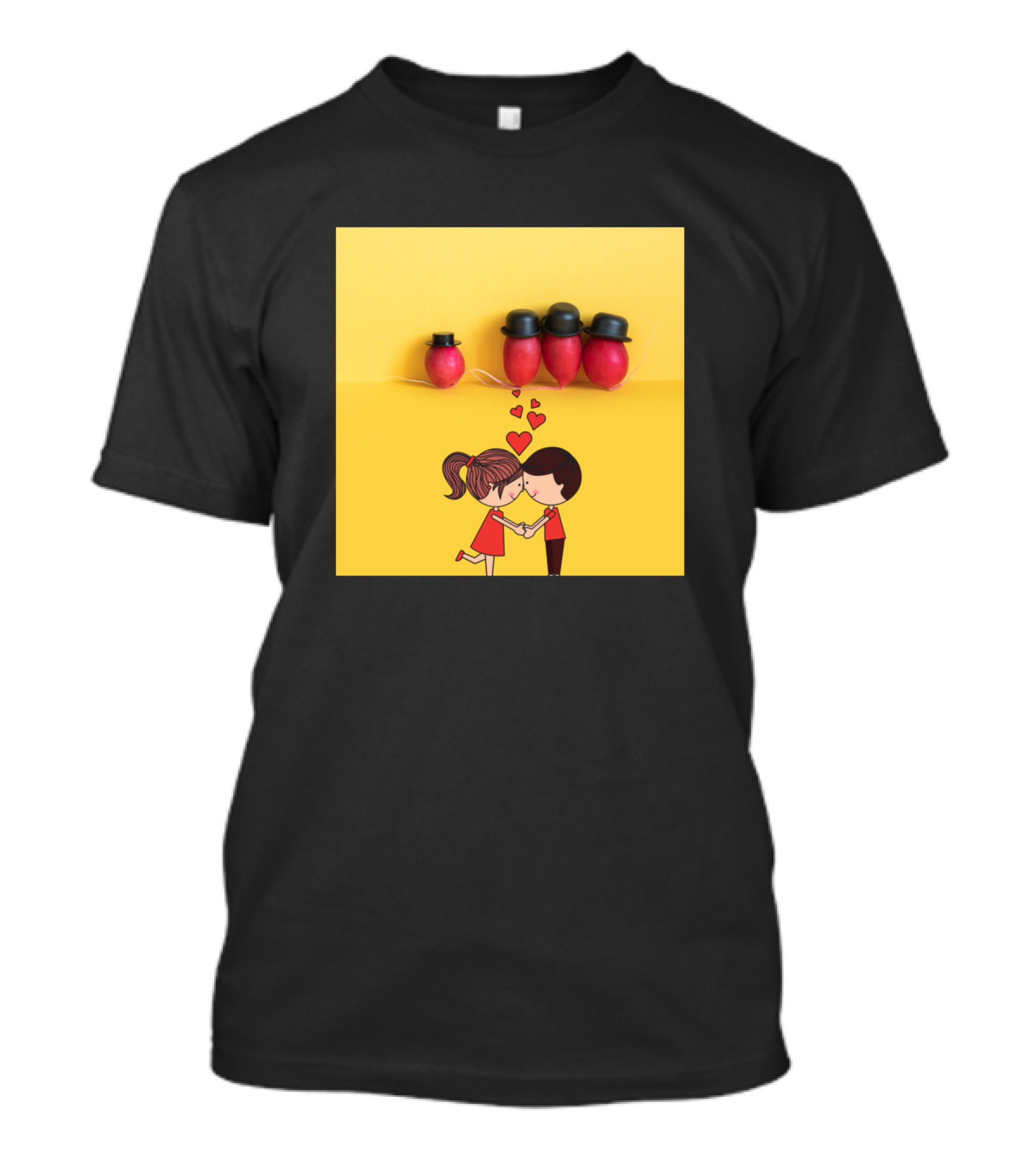 Couple Love Heart Kissing Cartoon With Bowler Hat Characters T-Shirt