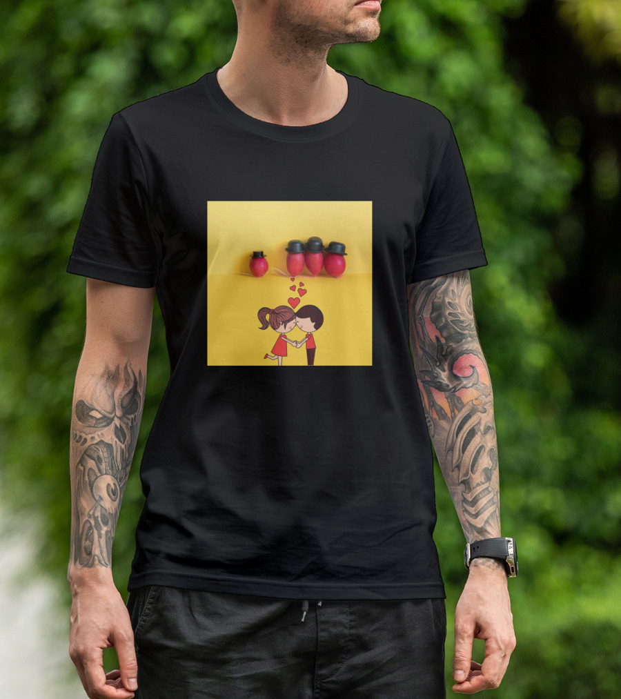 Couple Love Heart Kissing Cartoon With Bowler Hat Characters T-Shirt