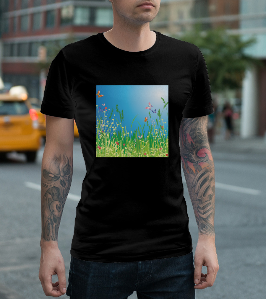 Butterflies in Floral Meadow Under Blue Sky T-Shirt