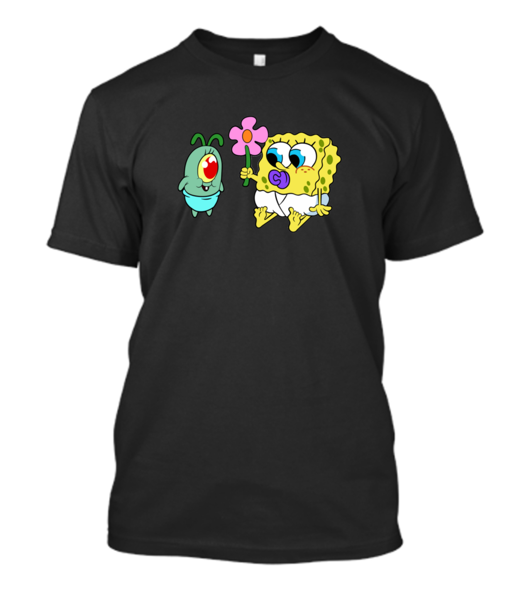 Plankton And Baby SpongeBob With Pink Flower T-Shirt