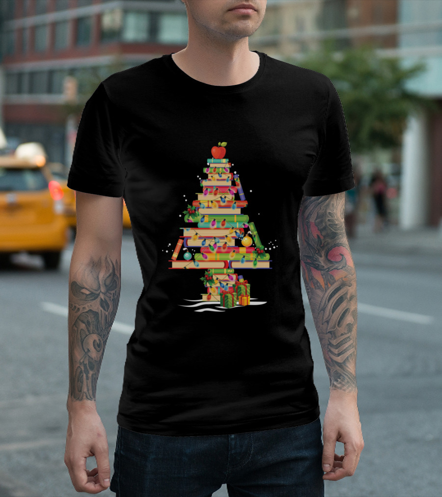 Merry Christmas Library Tree Stacked Books Cute Book Lover Decorated with Lights and Gifts T-Shirt