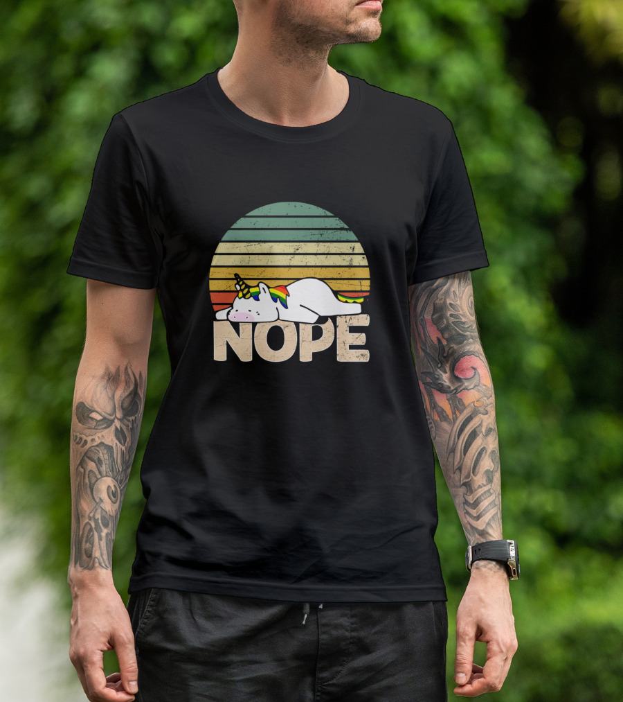 Nope Lazy Unicorn Vintage Sunset Rainbow Stripes T-Shirt