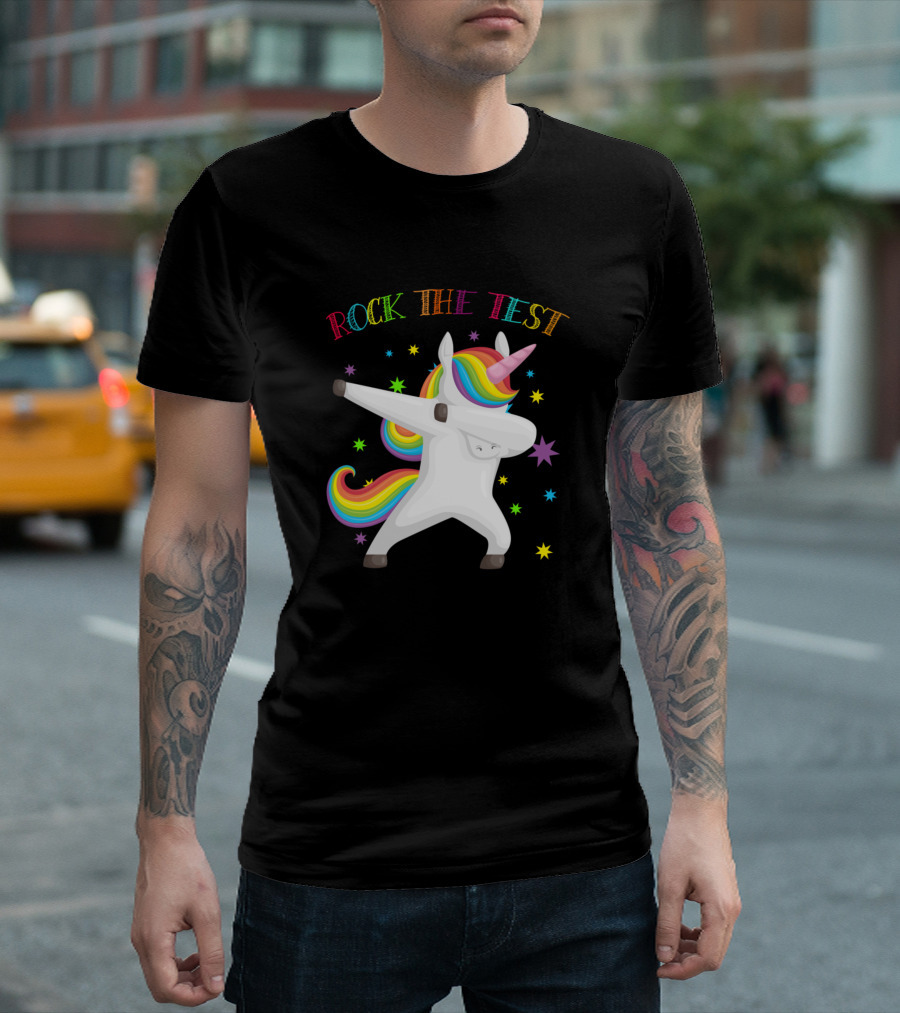 Rock The Test Unicorn Dabbing with Rainbow Stars T-Shirt
