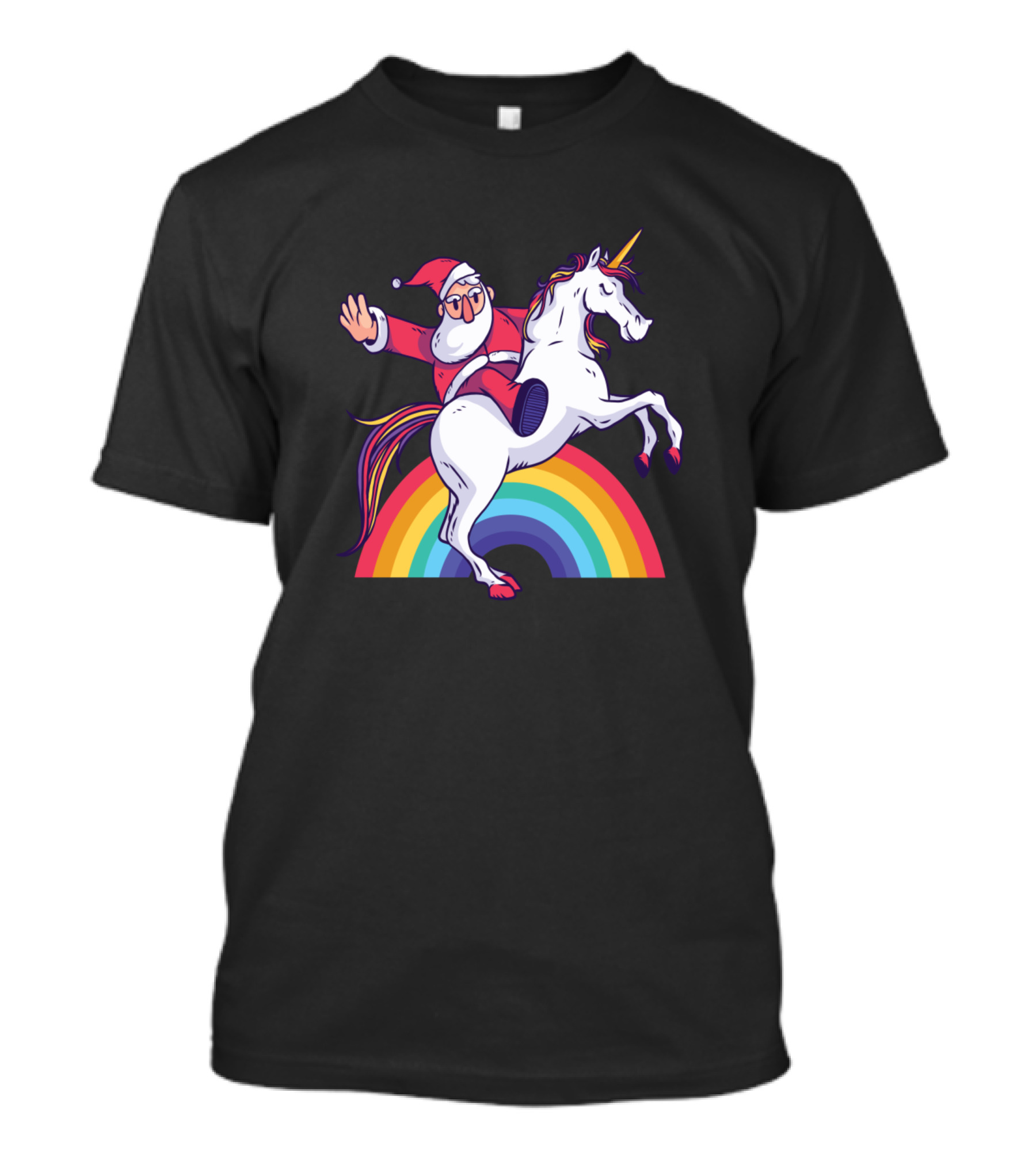 Santa Riding Unicorn Rainbow Funny Christmas Merry T-Shirt