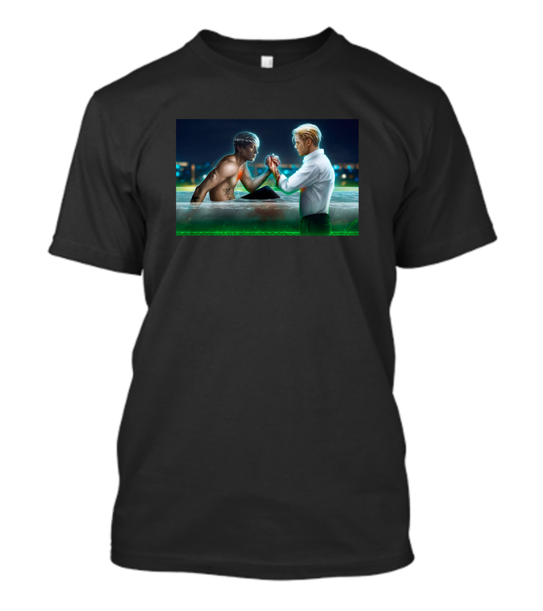 Scarlet Binding Tattooed Arm Wrestling In Neon-Cityscape T-Shirt