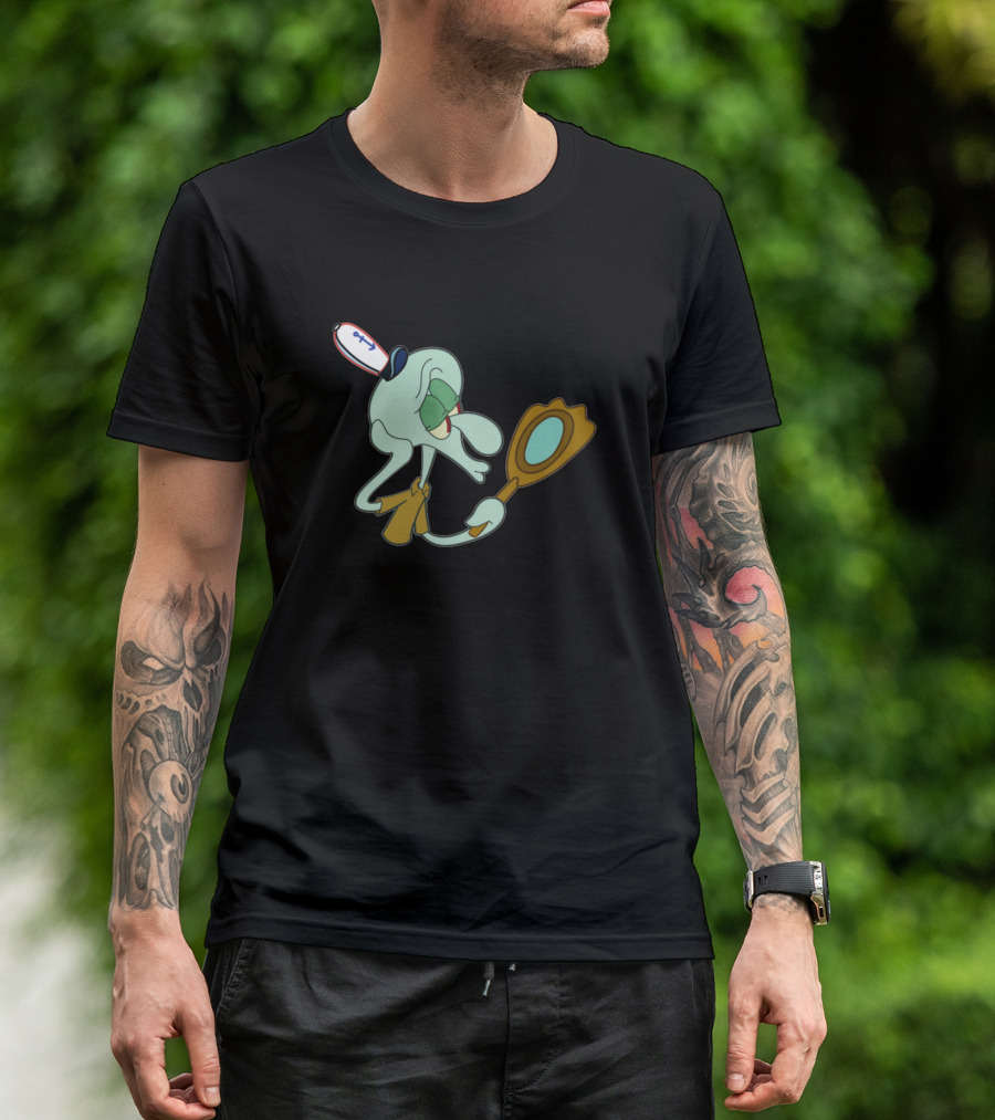 Squidward Admiring Mirror In Krusty Krab Uniform T-Shirt