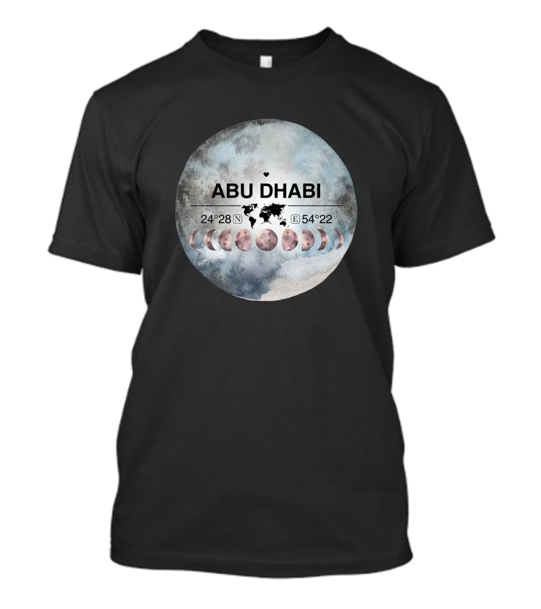 Abu Dhabi Moon Phases Coordinates World Map Watercolor T-Shirt