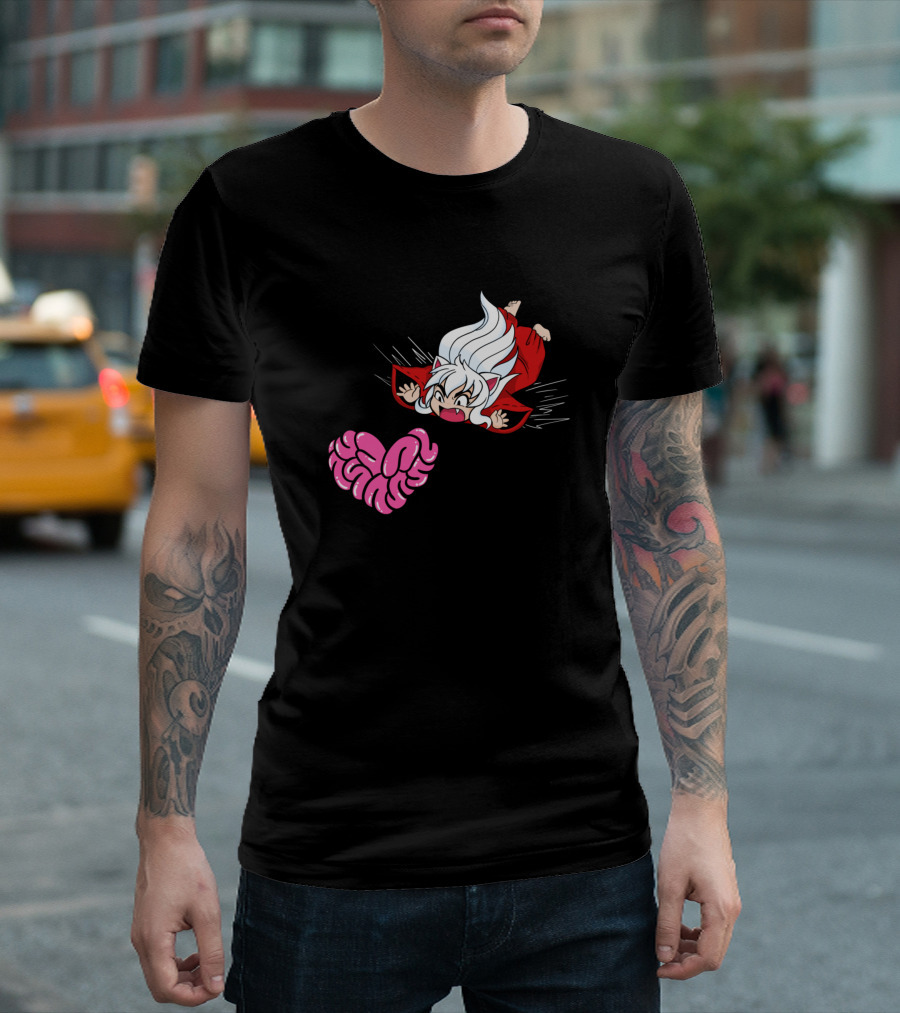 Demon Inu Yasha Flying Toward Pink Brain Heart T-Shirt