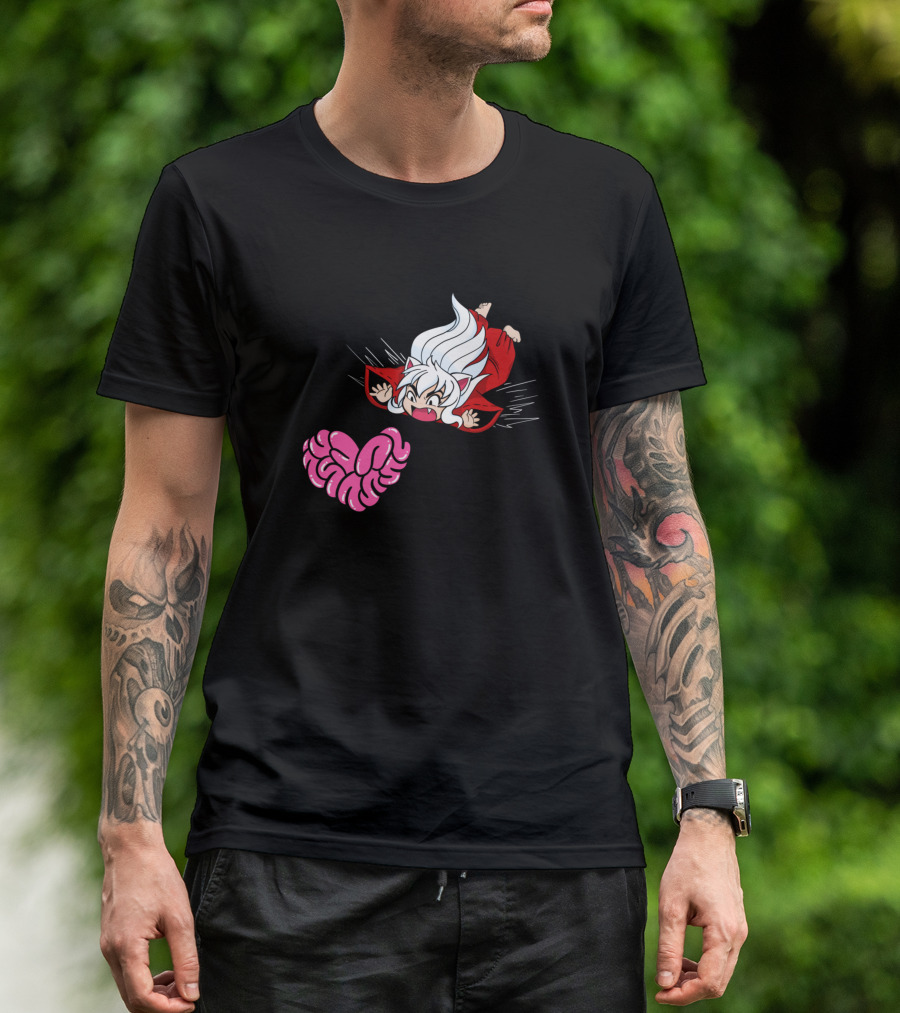 Demon Inu Yasha Flying Toward Pink Brain Heart T-Shirt