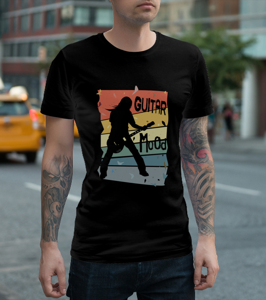 Guitar Mood Silhouette On Retro Rainbow Background T-Shirt