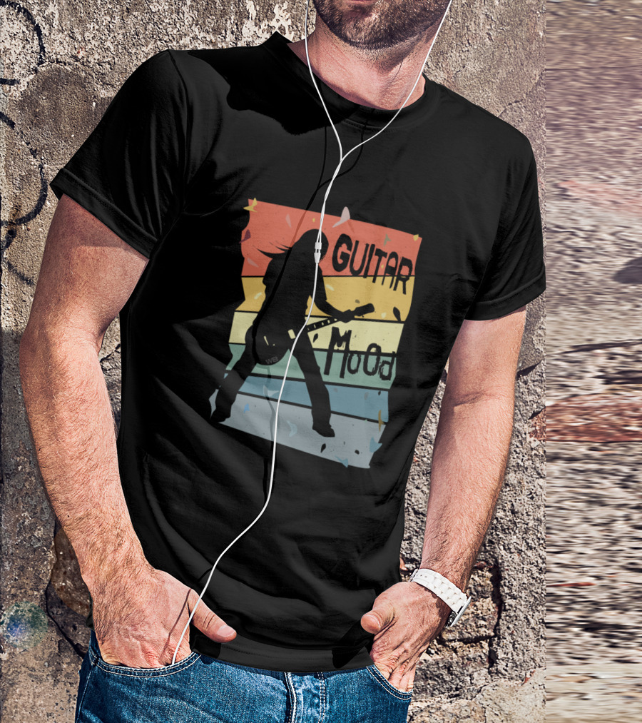 Guitar Mood Silhouette On Retro Rainbow Background T-Shirt